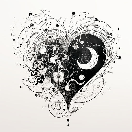 Heart-shaped drawing with circles, bold black and white