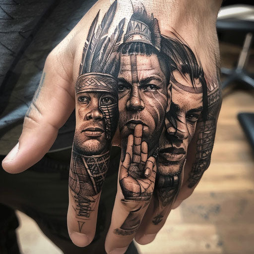 Finger tattoo with realistic warrior portraits