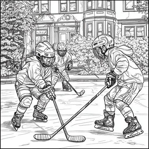 Children playing street hockey, Mindy Sommers style, coloring book