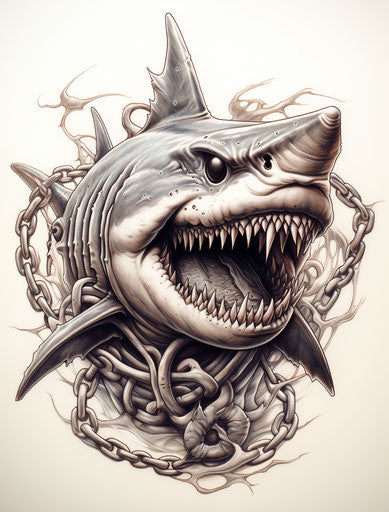 Shark with anchor symbol, airbrush style, sharp 97:127