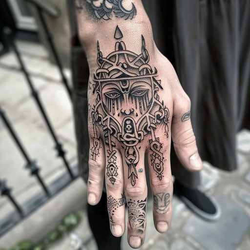 Epic hand tattoo of ancient symbols for women