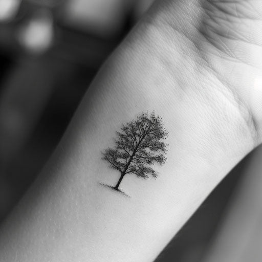 Minimalist black ink tattoo of a small tree silhouette on pure white background