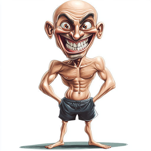 Humorous caricature of a body clipart with human characteristics, exaggerated smiling mouth, muscular legs, tiny, vibrant colors, cartoon style, laughing, high resolution, no background, isolated