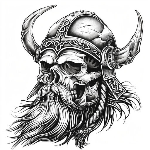 Warrior skull with Viking helmet, symbolizing strength and bravery, tattoo on white background