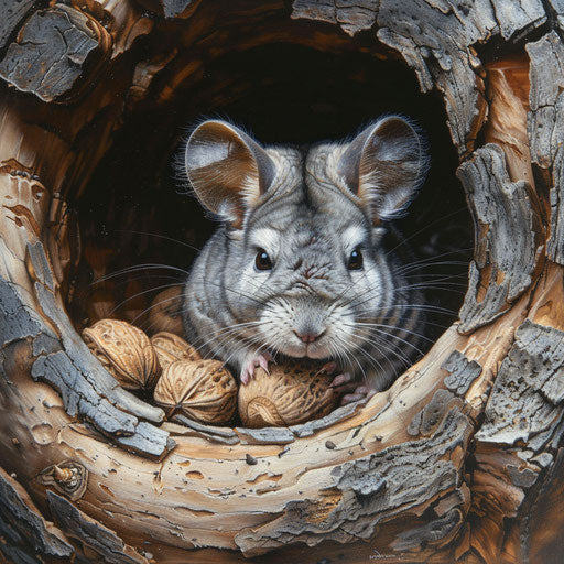 A chinchilla with a stash of nuts in a hollow log