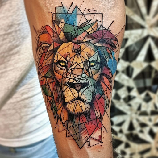 Abstract geometric tattoo sketch with overlapping triangles and vibrant colors in a flat style