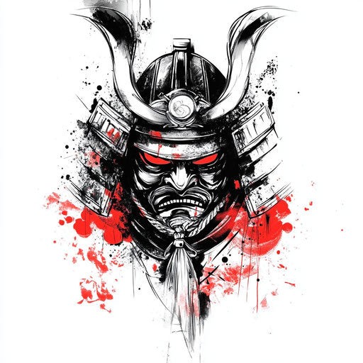 Japanese samurai tattoo sketch with red and black ink accents