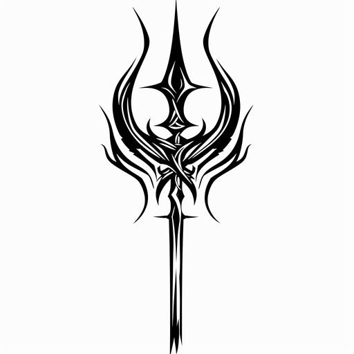 Black and grey tribal trident tattoo design on white background