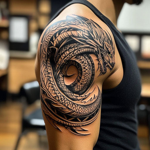 Men's upper arm tattoos with tribal dragon, Ami James style