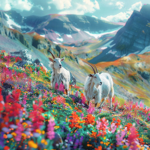 Mountain goats among colorful alpine flowers