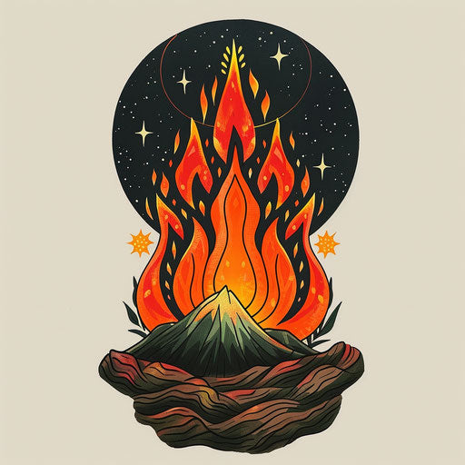 Vibrant flat tattoo sketch inspired by Dark Souls with a bonfire
