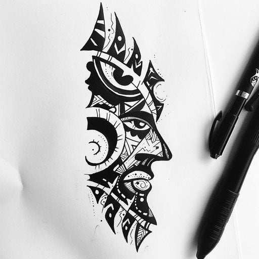Flat tribal tattoo sketch for 13 tattoo with bold black patterns and organic shapes