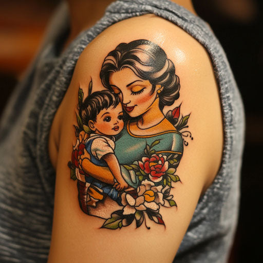 Mother and son tattoos: child and mother hand
