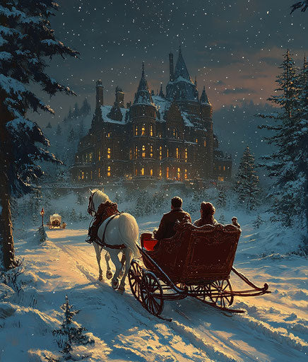White horse pulling elegant red sleigh, snowy Victorian mansion