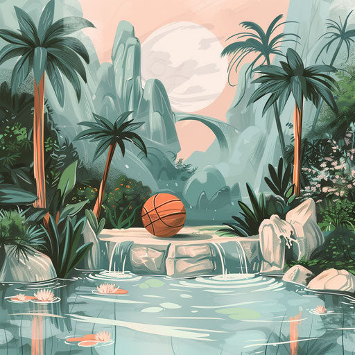 Zen-inspiried tattoo sketch of a basketball in a peaceful garden