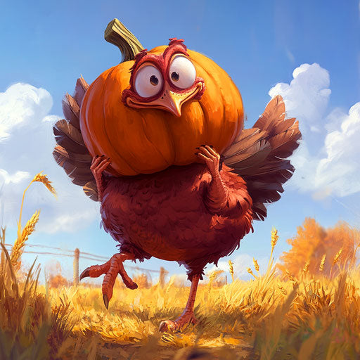 A cartoon turkey balancing a giant pumpkin on its back in a field.