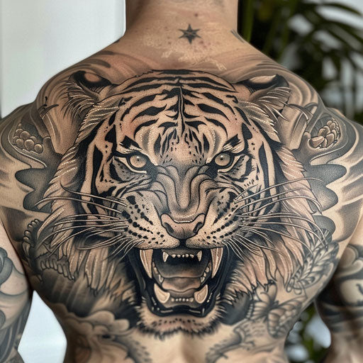 Detailed back tattoo of a roaring tiger