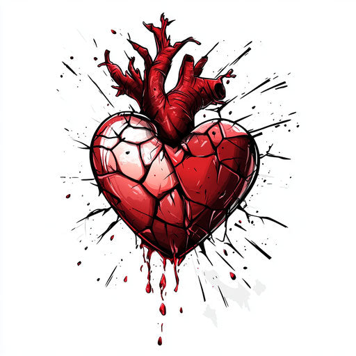 Heartless tattoo of flat clipart style with shattered glass effects in dark red on white background
