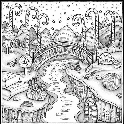 Candy cane bridge over chocolate river