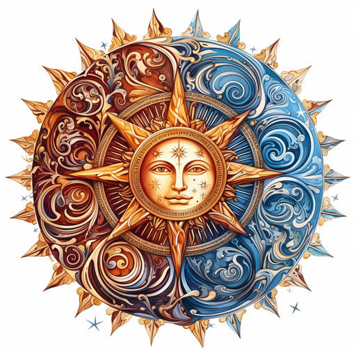 Alchemy symbol in a circle, hand-drawn style with serene faces