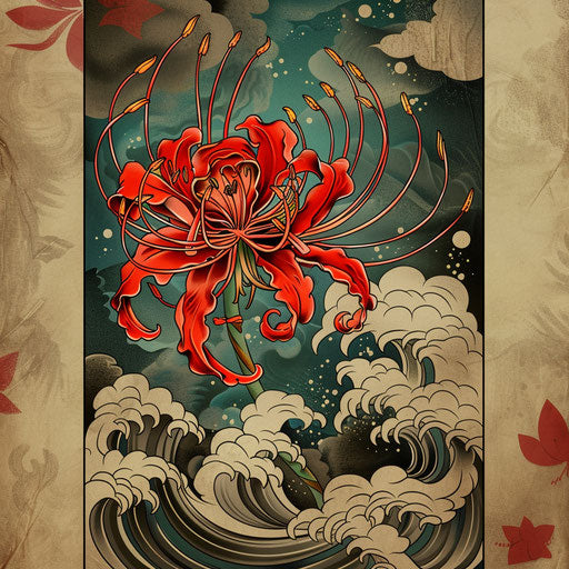 Sketch of traditional Japanese style tattoo with red spider lily, waves, and clouds