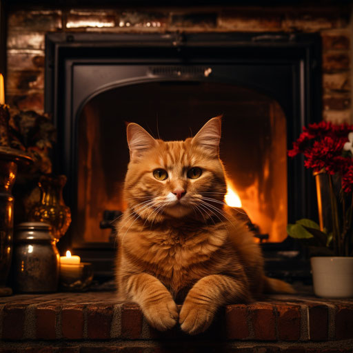 Ginger cat in front of a fire in a fireplace