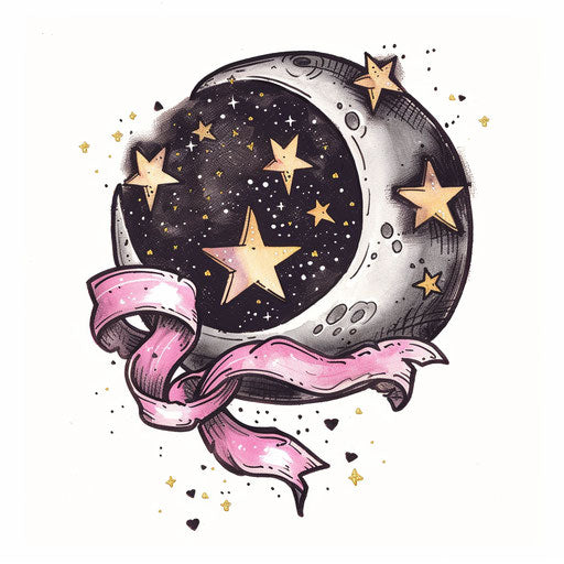 Celestial moon and stars tattoo with pink ribbons