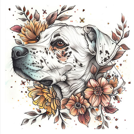 Whimsical floral patterns on dog outline tattoo