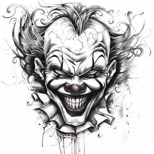 Intricate clown face tattoo design on white background