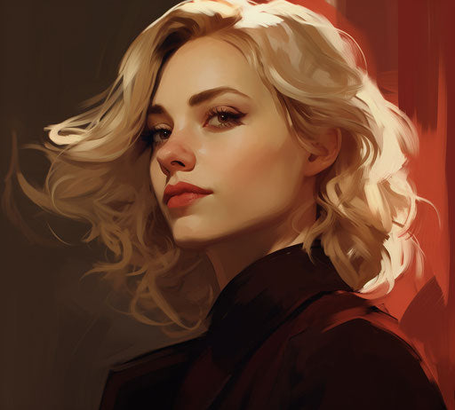 Blonde woman with big mustache, social media art style