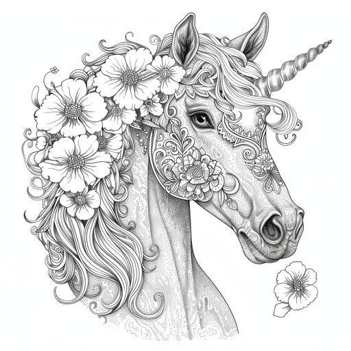 Whimsical horse with flowers woven into its mane