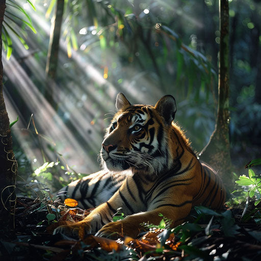 Sumatran tiger resting under dense Indonesian rainforest canopy