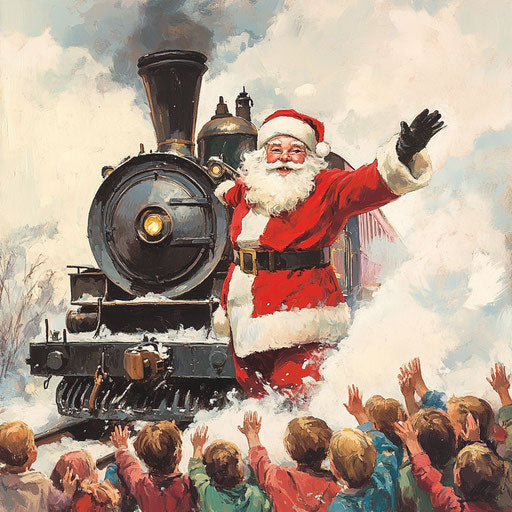 Santa Claus stepping off a steam train, greeted by joyful children
