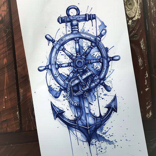 Nautical tattoo sketch of an old key with a ship wheel and anchor in deep blue tones