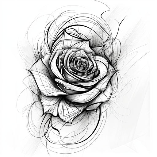 Flat tattoo sketch of a rose with dynamic swirling lines and elegant curves