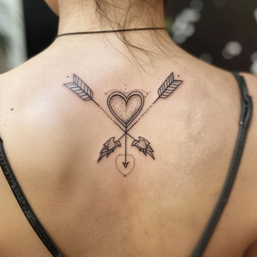 Arrow tattoo with heart at center, symbolizing love and direction, artfully drawn on white canvas.