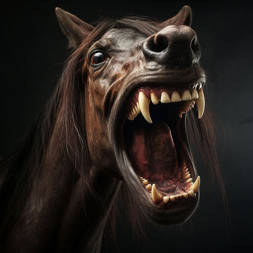 Brown horse showing teeth, saliva-covered tongue