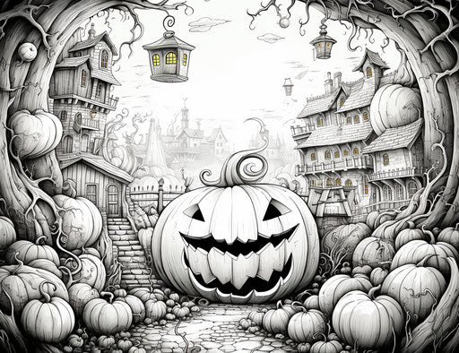 Pumpkin coloring page in the style of detailed crowd scenes
