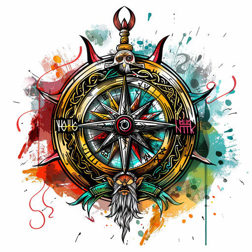 Whimsical sketch of a Viking compass, colorful clipart style
