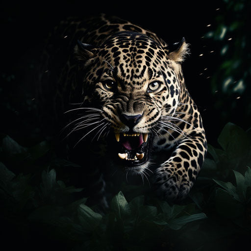 Jaguar in the jungle running on black background