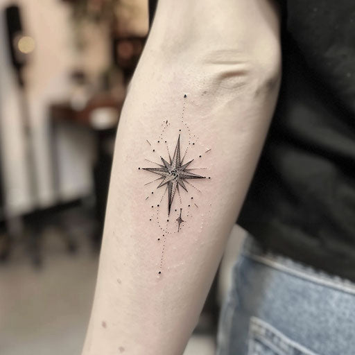 Contemporary flat tattoo sketch of the North Star with minimalist black and gray shading