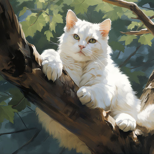 White cat lying on a tree branch