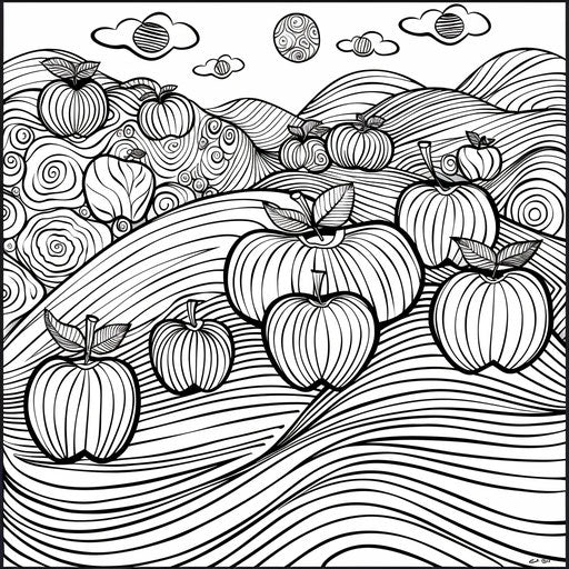 Apples in a whimsical Dr. Seuss landscape