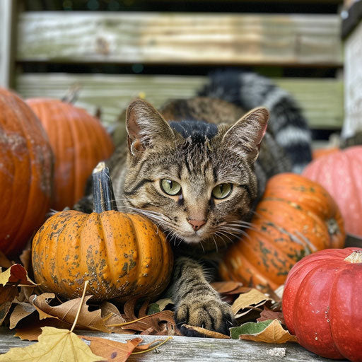 Tortoise cat resting with pumpkins