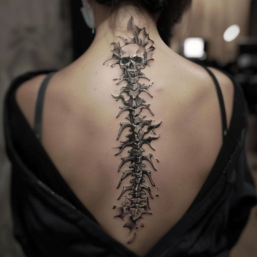 Realistic black and gray spine tattoo for women, Ami James style