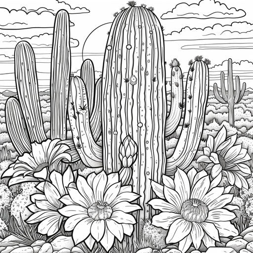 Coloring book page of a blooming saguaro cactus