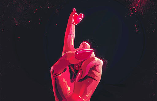 Heart-shaped finger with nail polish on dark background