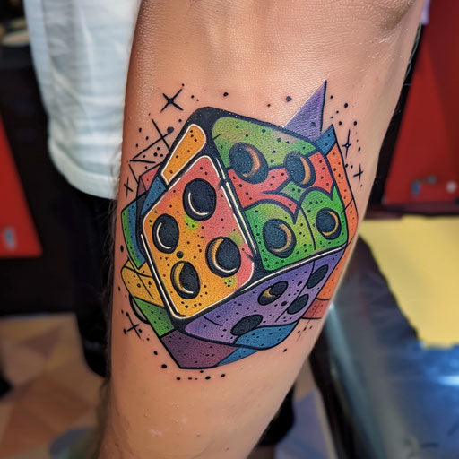 Dice tattoo with vibrant colors, in the style of Guy Aitchison