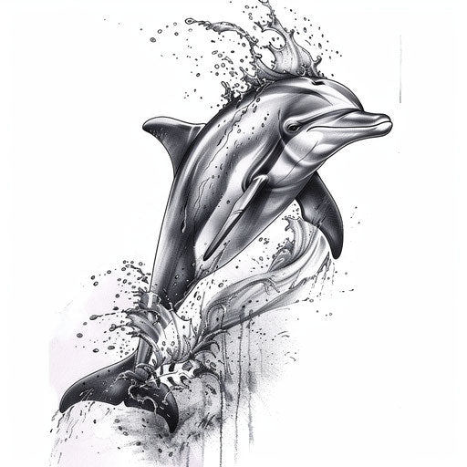 Realistic grey dolphin leaps out of water on white background
