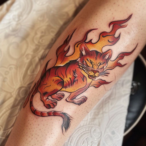 Flaming red and orange panther tattoo on white background